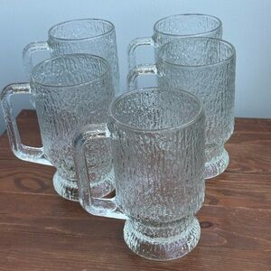 5 Vintage 1960s Indiana Glass Crystal Ice Icicle Tree Bark Mug Glasses 16oz